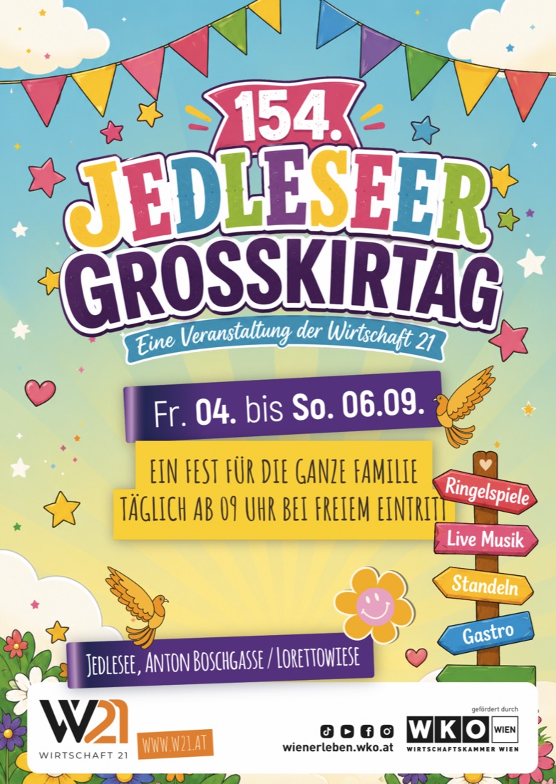 Plakat zum 154. Jedleseer Grosskirtag, 4. bis 6. September 2026, Lorettowiese in Wien-Jedlesee